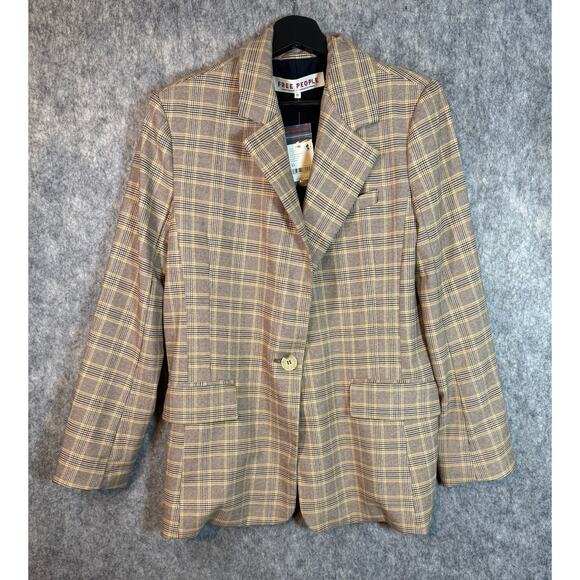 NWT Free People Brown Plaid Button Blazer XS $158 MSRP Winter Wheat